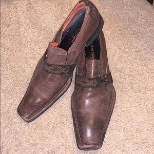 Men's Robert Wayne Brown Leather Slip On Loafers Suede Cross Detail Square Toe